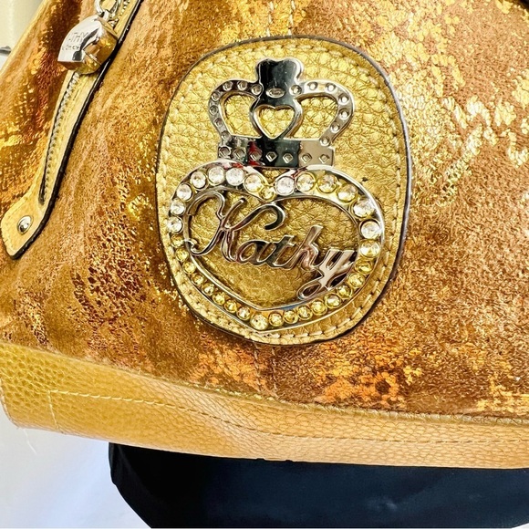 KATHY VAN ZEELAND GOLD CROSSBODY BAG FAUX DIAMOND SHOULDER Y2K  LEATHER BAG - Picture 7 of 14